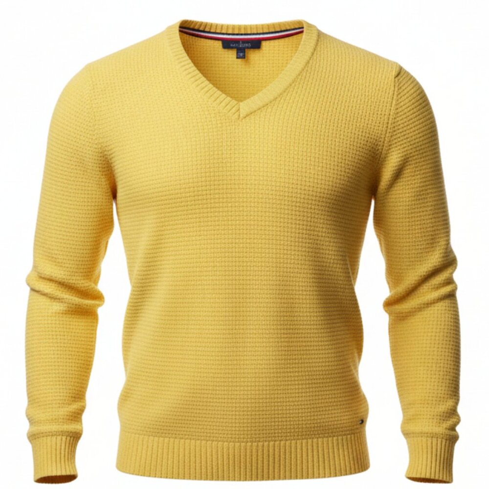 Tommy Hilfiger Men's V-Neck Yellow Soft Egg Crate Ribbed Knit Sweater Size 2XL